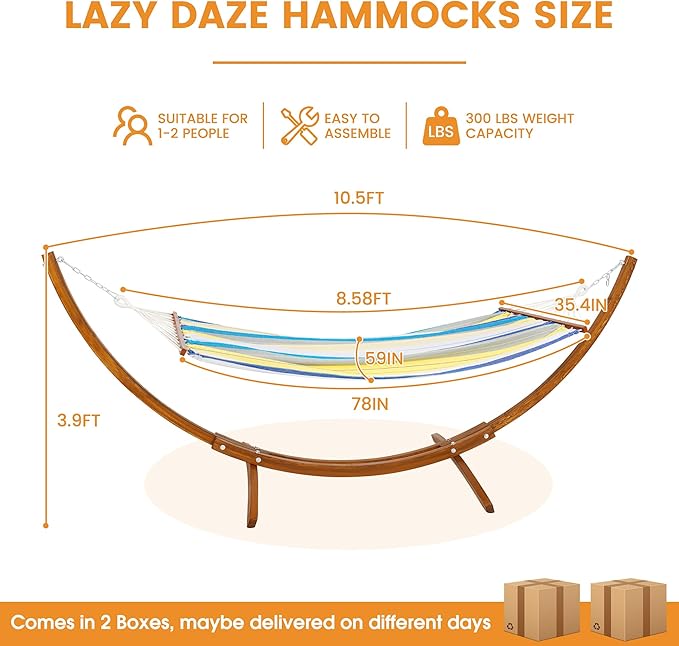 Lazy Daze Hammocks Cotton Fabric Spreader Bar Hammock and 10.5 Ft Wood Arc Hammock Stand Combo, for Outdoor, Indoor, Patio, Backyard, Blue and Yellow