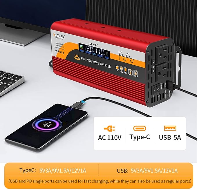 500W Pure Sine Wave Inverter (1000W Peak), 12V/24V Auto-Detect, 50Hz/60Hz Switchable, LCD Display, Type-C Fast Charging, Silent Design, Overload & Overheat Protection for RV, Home (RED-500W)
