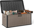 HAPPYGRILL Outdoor Storage Deck Box with Lockable Design & Gas Strut, Handle, 100 Gallon HDPE Patio Storage Organizer for Lawn Backyard Poolside (Black Brown)