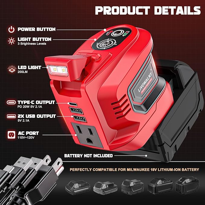 2 Packs Power Inverter Compatible with Milwaukee 18V, LIVOWALNY Real 200W Battery Inverter 18V to 110V, Power Adapter Charger Adapter Power Station Power Supply 2 USB-A & 1 Type-C & 1 AC (No Battery)