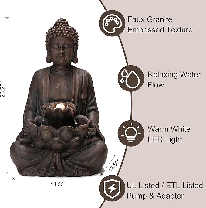 Glitzhome Buddha Fountain with Pump & LED Light, 2 Tier Zen Style Meditating Buddha Water Fountain Outdoor Fountains and Waterfalls Floor Fountains Buddhas Statues for Garden Patio Backyard 23" H