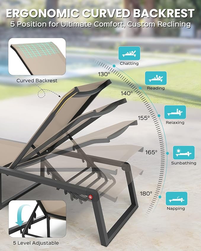 Aluminum Chaise Lounge Chair Outdoor, Foldable & Assembly Free Patio Pool Lounge Chairs 5-Position Recliner for Outside Poolside, Fully Grounded Legs Sun Lounger for Beach, Yard, Khaki