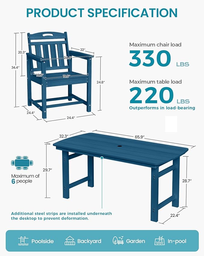 Ciokea HDPE Outdoor Dining Table with Umbrella Hole,66" Rectangle Patio Table for 6,All-Weather Outdoor Patio Furniture Set for Garden Backyard,Navy Blue