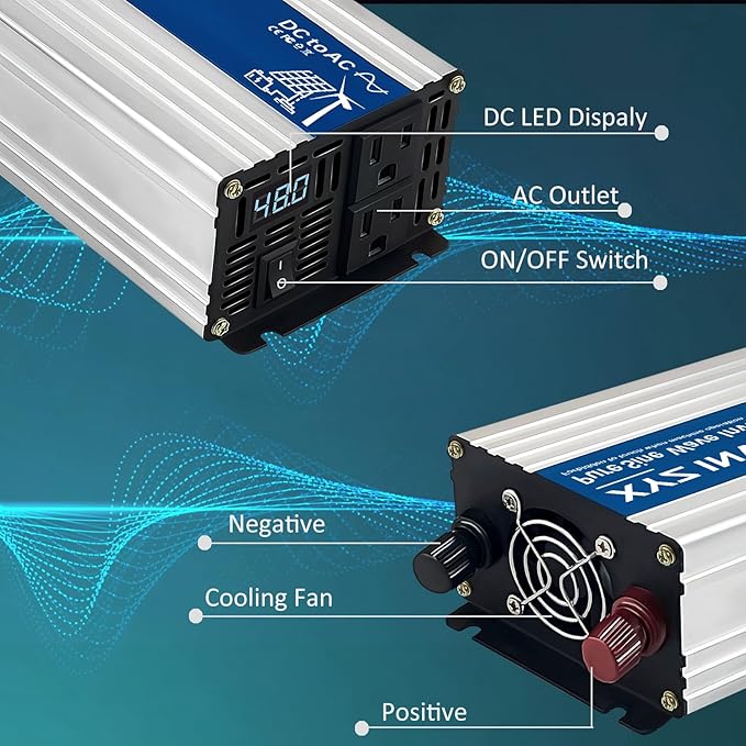 1200W Pure Sine Wave Power Inverter DC 48V to AC 110V/120V, 2400W Peak, Car/Truck Power Converter for Solar, Home, Vehicle & Rechargeable Devices with LED Display