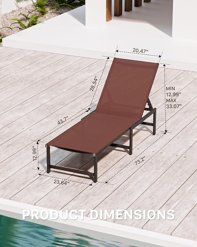 Chaise Lounge Chair Outdoor, Aluminum PatioChairs with 5 Adjustable Backrest and HeadrestPillows for Outside Beach，Brown
