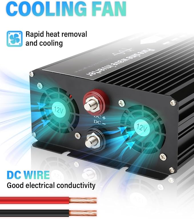 NIHAO 2500W Power Inverters DC 12V to 110V AC Converter with LCD Display, 2 International Socket and Battery Clips for Home, RV, Outdoor, Camping, Boat