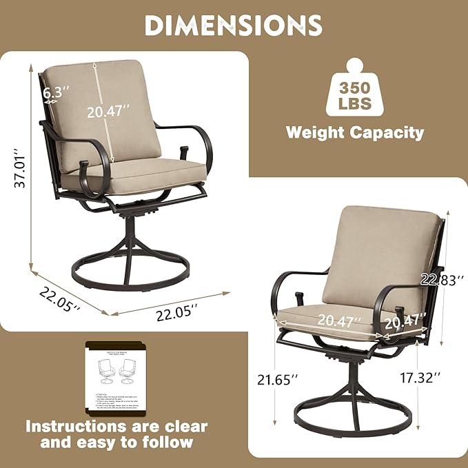 MELLCOM Patio Swivel Chair Set of 2, Heavy Duty Outdoor Dining Chairs with Thickened Cushions, Metal Patio Chairs Gentle Rocker for Outside, Khaki