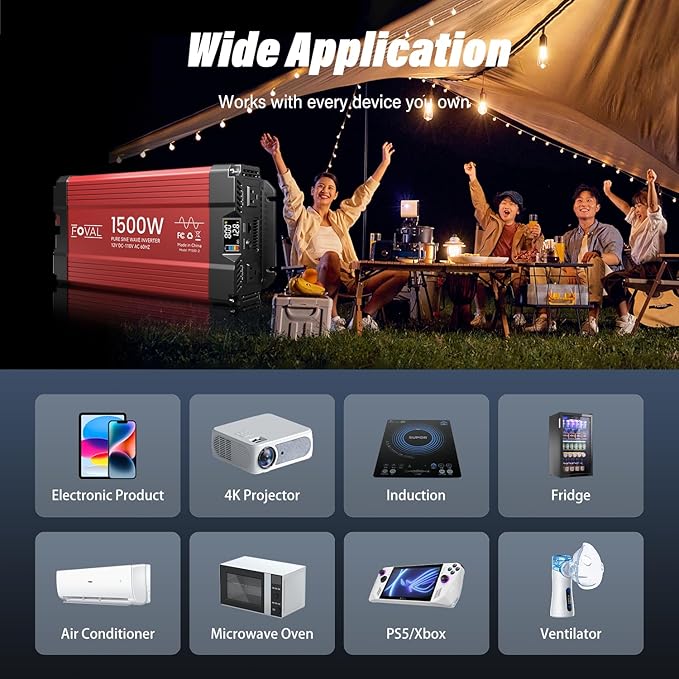 FOVAL 1500W Pure Sine Wave Inverter 12V DC to 110V AC Converter, 3000W Peak Power Inverter with LCD Display and 2 AC Outlets for Home, RV, Truck, and Off-Grid Solar System, Remote Controller