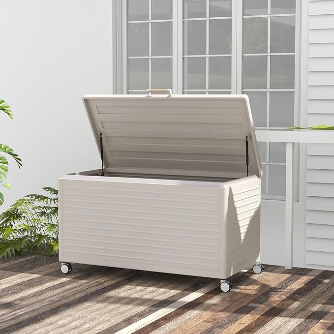 MIRADOR 134 Gallon Outdoor Storage Box Waterproof with Wheels, Metal Deck Box for Patio Furniture, Garden Tools, Outdoor Cushion, Latte
