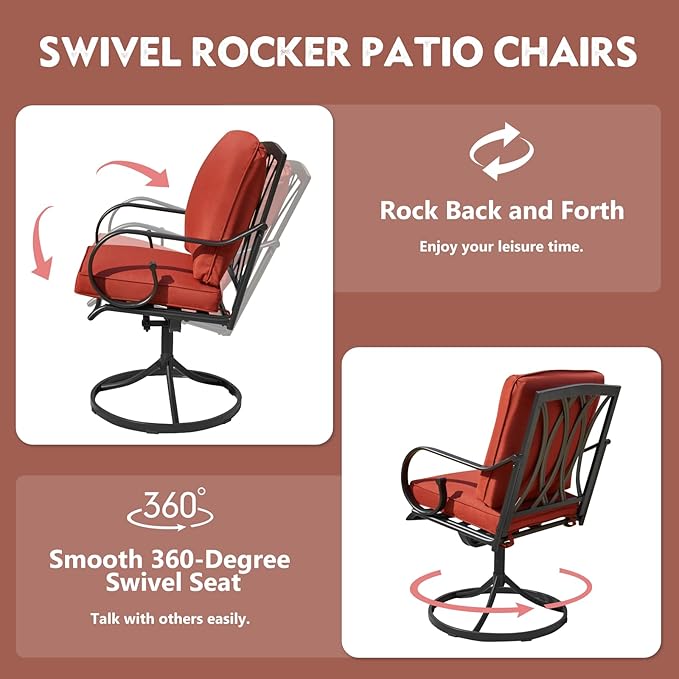 MELLCOM Patio Swivel Chairs Set of 4, Heavy Duty Outdoor Dining Chairs with Thickened Cushions, Metal Patio Chairs Gentle Rocker for Outside, Backyard, Red