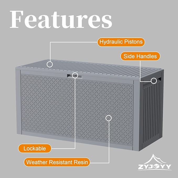 Outdoor Storage Box, 90 Gallon Deck Box, Waterproof Resin Storage Box for Patio Cushions, Gardening Tools, Lockable, UV Resistant, Grey
