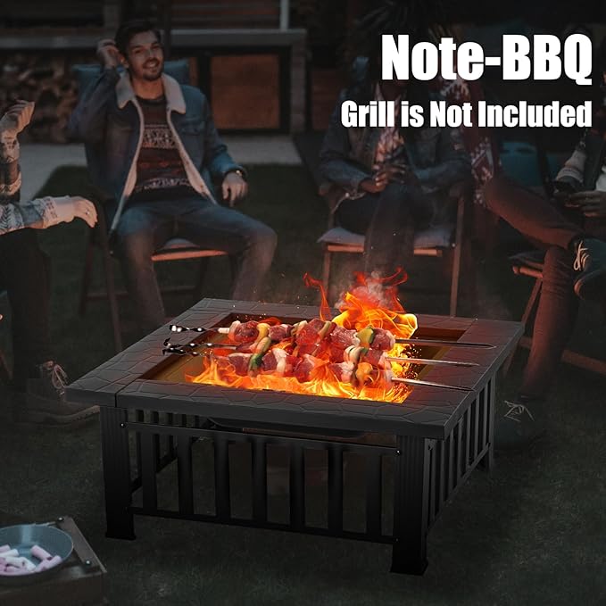 32 inch Fire Pit, Square Outdoor Fire Pit Table with Spark Screen & Fire Poker, 3-in-1 Multipurpose Firepits for Outside, Fireplace for Yard, Garden, Patio