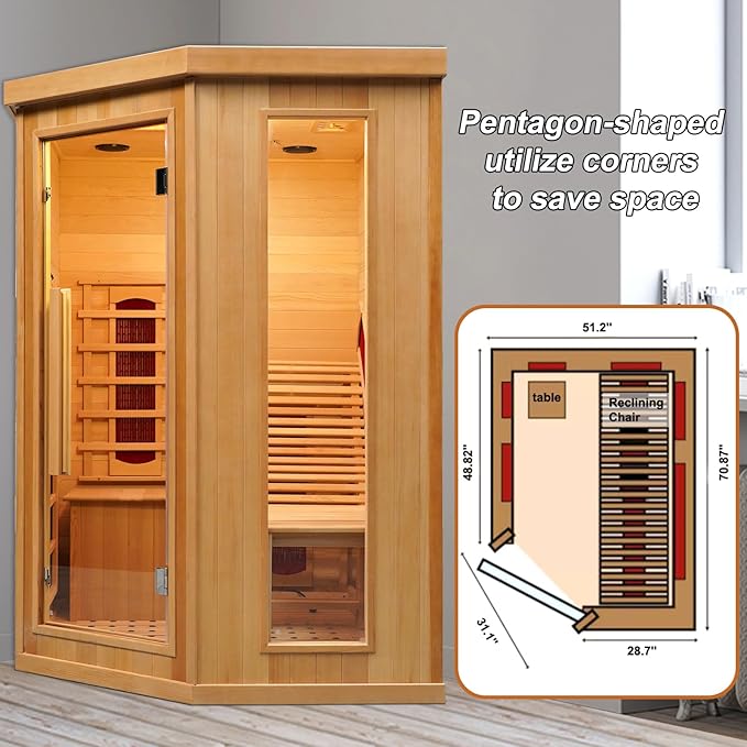 ZONEMEL Infrared Sauna Room with Recliner, 1 or 2 Person Full Spectrum Infrared Sauna Home, 220V, 2300W, 4 Heating Tubes, 4 Carbon Crystal Heating Panel, Bluetooth Speakers, 7 Color Light, Oxygen Bar