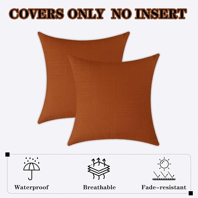 Kevin Textile Fall Pack of 2 Outdoor Waterproof Pillow Covers Checkered Decorative Cushions Sham Throw Pillowcases Shell for Patio Tent Garden Couch Bed Sofa 18x18 Inch Burnt Orange