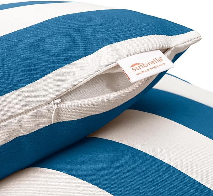 Austin Horn Classics Sunbrella Cabana Stripe White/Blue, Knife Edge, Zippered Opening, 24-inch Pillow Cover (Set of 2), No Insert Included