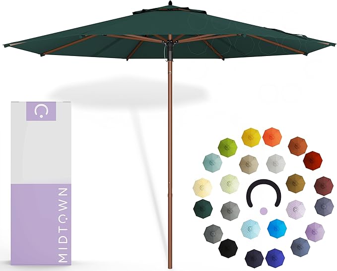 Midtown Umbrellas The Wooden 8 Feet Patio Umbrella With Terylast Forest (Dark Green) Polyester Fabric - Aluminum Frame Market Umbrella For Backyard, Deck, Garden, Pool - Wooden Pole