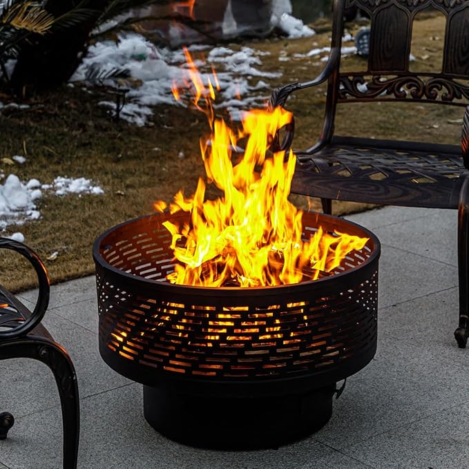 26" Wood Burning Fire Pits with Grill & Lid, Fire Pit Table for Outside with Waterproof Cover & Fire Poker, Outdoor Firepit with Functions for BBQ,Table and Bonfire