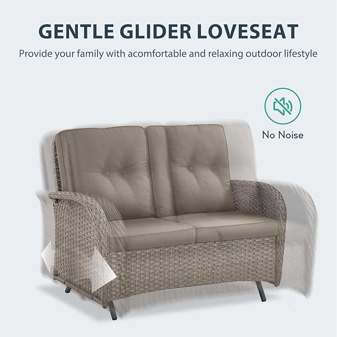 5 Piece Patio Furniture Set - Wicker Patio Conversation Set with Swivel Glider, Glider Loveseat, Tempered Glass Side Table and Coffee Table for Deck Backyard - Grey Wicker Grey Cushion