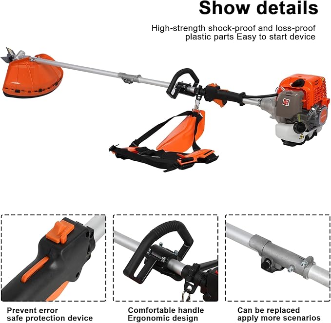 Weed Eater Gas Powered, 52CC Brush Cutter, 2-Stroke Handheld Cordless Chainsaw Hedge Pruner for Home, Yard, Garden Orange