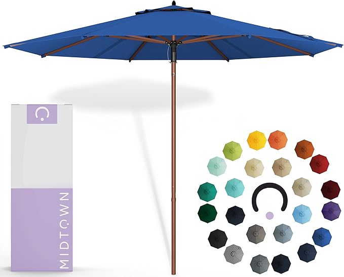 Midtown Umbrellas The Wooden 8 Feet Patio Umbrella With Sunbrella Dark Blue Acrylic Fabric - Aluminum Frame Market Umbrella For Backyard, Deck, Garden, Pool - Wooden Pole