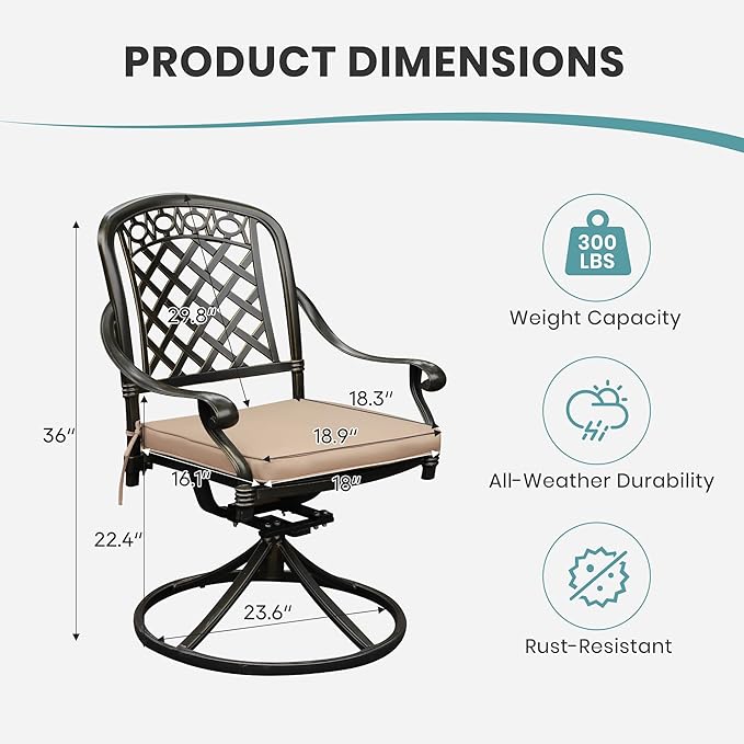 Set of 6 Cast Aluminum Patio Chairs with Cushions, All-Weather Aluminum Outdoor Swivel Chairs, Metal Outdoor Rocking Chairs for Backyard, Poolside and Bistro (Khaki, 6 Pieces)