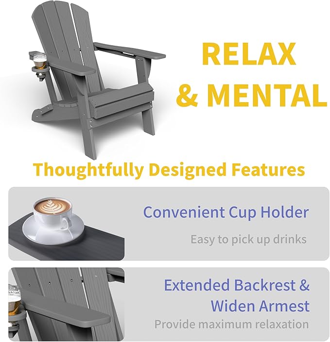 Kingdura Foldable Adirondack Chair, Portable HDPE All Weather Resistant Outdoor Patio Chair, Wooden Textured with Cup Holder, 380LBS Capacity for Poolside, Backyard, Deck, Fire Pit (Grey)