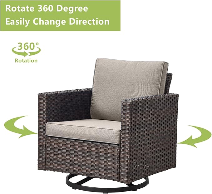Rilyson Outdoor Patio Swivel Rocker Chairs - Wicker Patio Swivel Rocking Chairs Set of 2 with Waterproof Wicker,Comfortable Cushions and Sturdy Metal Frame for Outside Porch Deck Backyard(Brown/Grey)