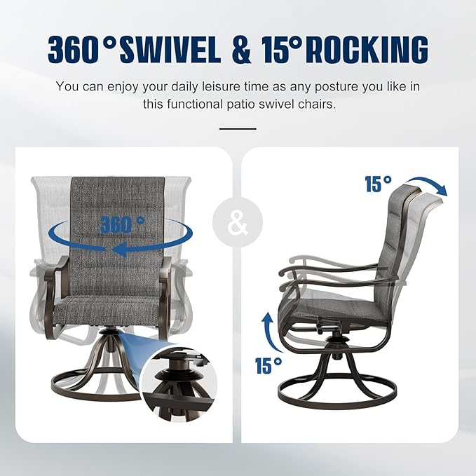 UDPATIO Patio Swivel Dining Chairs Set of 6, Outdoor Swivel Chairs High Back with All Weather Padded Textilene, Metal Rocking Frame for Lawn Garden, Dark Grey