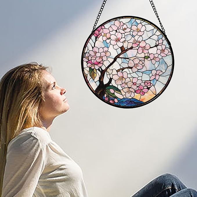 Stained Glass Window Hanging - Cherry Blossoms Suncatcher for Door Garden Home Decor Pink Flowers Sun Catcher Christmas Birthday for Friend Lovers Women Mom Nana 7.8 in