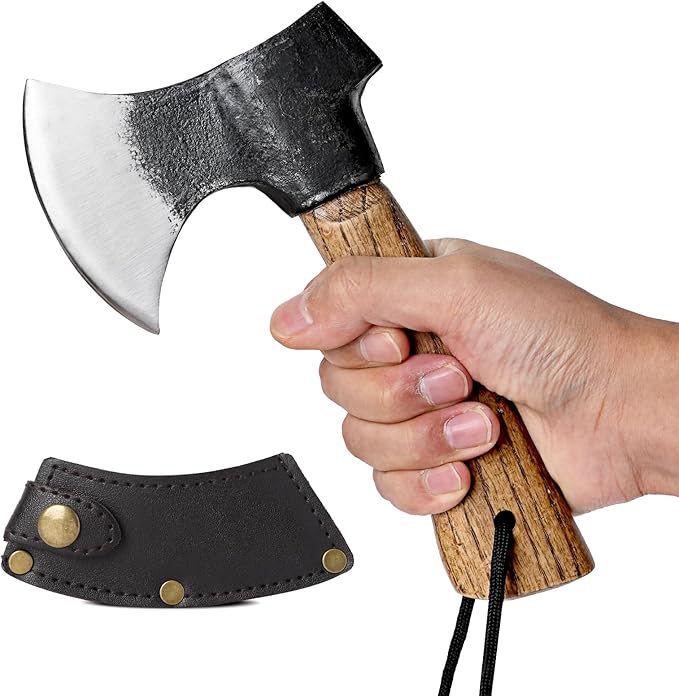 Small Camping Axe with Leather Sheath, 8.46" Backpacking Hatchet with Wooden Handle, Splitting Axe for Jungle, Gardening, Hunting, Survival
