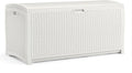 Suncast 99 Gallon Wicker Horizontal Outdoor Deck Box with Hinged Lid, Water-Resistant Storage Solution for Patio, Deck, Yard, and Garage, White, Made in the USA