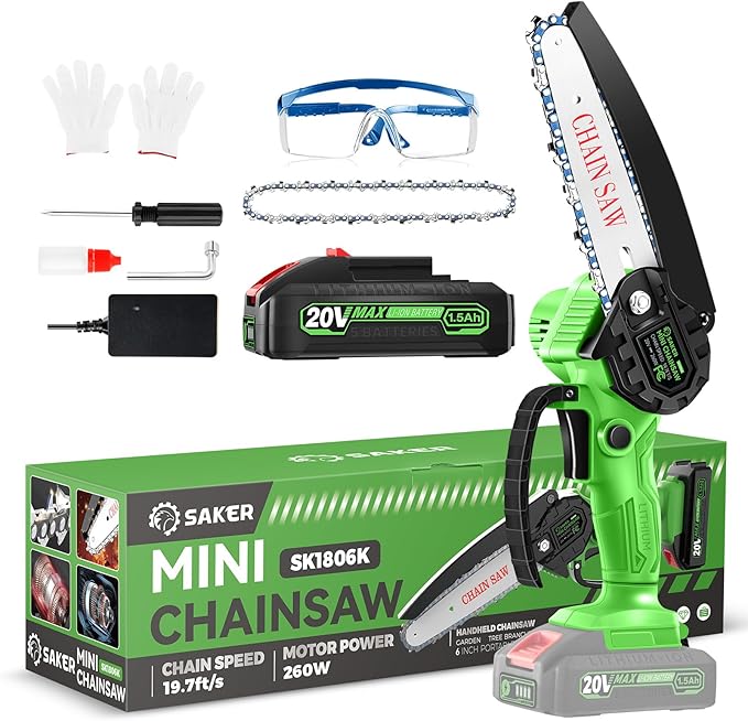 Saker Mini Chainsaw Cordless,6 Inch Chainsaw, Mini Electric Chainsaw Cordless Battery Powered,One-Hand Portable Chain Saw for Tree Trimming, Pruning&Wood Cutting, Gift for Men Dad Husband Father 2025