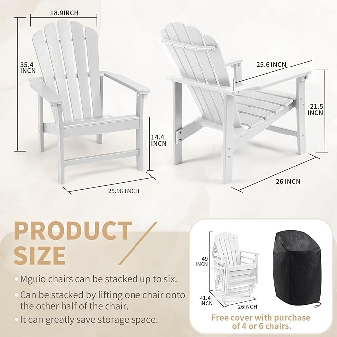 Stackable Adirondack Chairs Set of 4, Space Saving HDPE All-Weather Fire Pit Chair with Cover for Outdoor Lawn Porch Deck