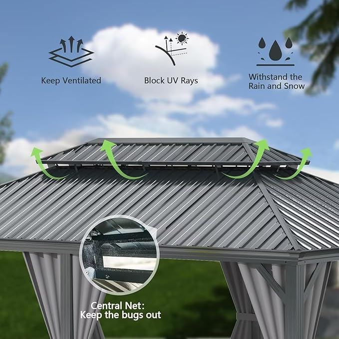 Domi 12'x20' Hardtop Gazebo Canopy,Outdoor Aluminum Gazebo with Galvanized Steel Double Roof,Large Permanent Gazebo Pavilion for Patio Deck Backyard,Curtain and Netting,Grey