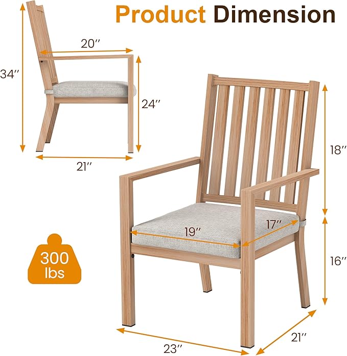 Patio Dining Chair Set of 2, Aluminum Outdoor Dining Chairs with Waterproof Cushions, Metal Outdoor Patio Furniture Seating for Porch, Balcony, Deck, Backyard, Light Wood Color