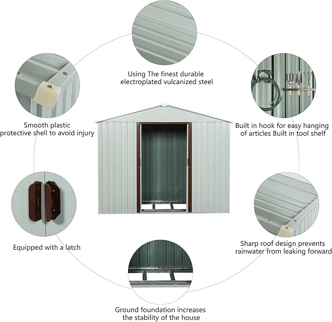 Favfurish 8 x 4 FT Outdoor Storage Shed with Side Window, Metal Garden Shed w/Sliding Doors & Lock, Floor Base and Air Vents, Utility Tool Storage House for Backyard Lawn, White