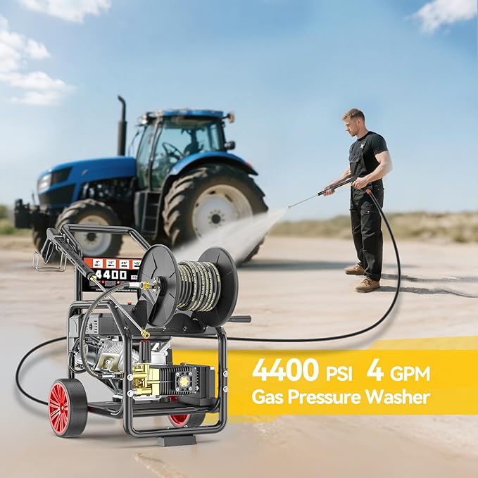 4400PSI Gas Pressure Washer with Hose Reel, 4 GPM, One-Button Electric Start 420CC 15HP Commercial Pressure Washer with 50FT 3/8" Hose, Spray Gun & Wand, 5 Quick Connect Nozzles