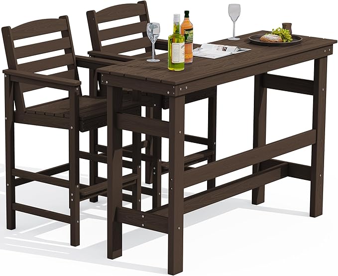 SERWALL Outdoor Bar Table and Chairs Set, Adirondack Bar Chairs Set of 2 and Bar Height Table, All Weather HDPE Outdoor Patio Bar Set, Outdoor Furniture for Outside, Poolside, Backyard, Garden, Coffee