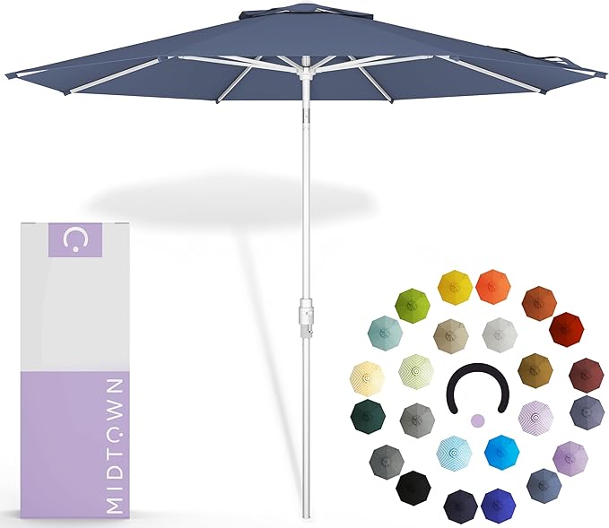 Midtown Umbrellas The Swilt 10 Feet Patio Umbrella in Terylast Light Navy Polyester Fabric - Fiberglass Ribs, Auto-Tilt Aluminum Frame For Backyard, Deck, Garden, Pool - White Pole