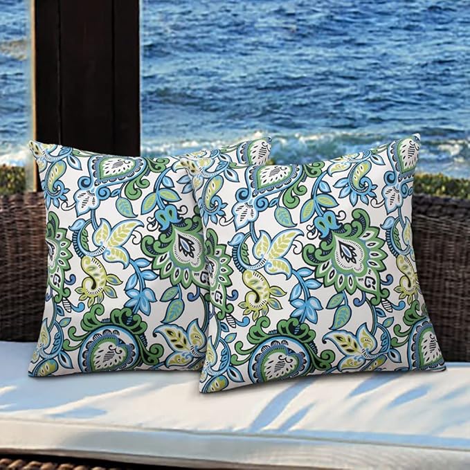 Magpie Fabrics Pack of 2 Outdoor Waterproof Throw Pillow Covers 18 x 18 Inch, Christmas Decorative Cushion Sham Pillowcase Shell for Garden Patio Tent Balcony Couch Sofa(Floral Blue Green)
