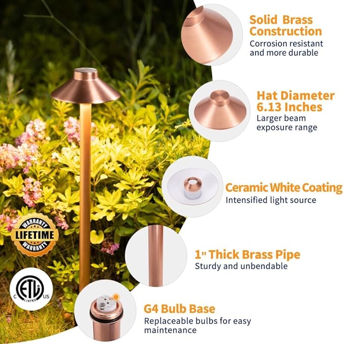 Gardenreet Brass Copper Low Voltage Pathway Lights, Waterproof Landscape Outdoor Path Light, 12V LED Bronze Hat Top Driveway Lamp for Garden Yard House with 3W 270LM 4000K G4 Bulb 6 Pack
