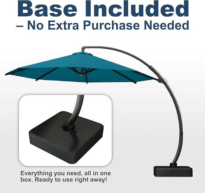 12FT Cantilever Umbrella with Base Large Curvy Outdoor Aluminum Offset Umbrella w/ 360° Rotation, UV Resistant Canopy for Patio, Garden, Backyard, Lake Blue