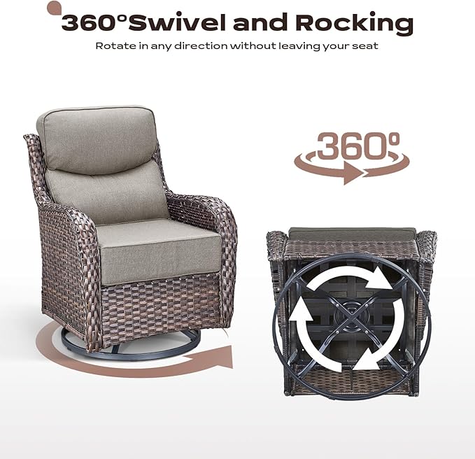 Rilyson 6 Piece Outdoor Patio Swivel Rocker Chairs, Waterproof Wicker, High Back, Deep Seating, Wide Armrest, Upgraded 6 inch Thick Cushions, Side Table, Ideal for Deck Porch Yard, Brown/Beige