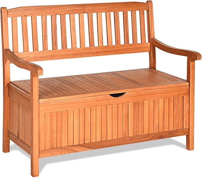 HAPPYGRILL Outdoor Storage Bench Wooden Deck Box with Removable Dustproof Liner, 33 Gal Wood Storage Loveseat Seating Furniture for Courtyard Garden Poolside