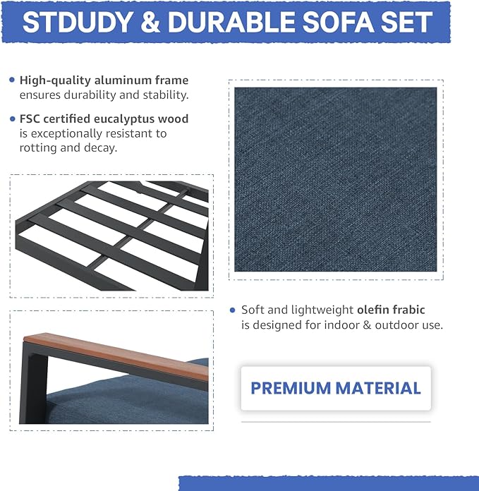 Soleil Jardin Aluminum Patio Furniture Loveseat, Outdoor 2 Seats Sofa Couch with FSC Certified Solid Wood Top, Outdoor Conversation Set Deep Seating Loveseat w/Removable Cushion, Denim Blue