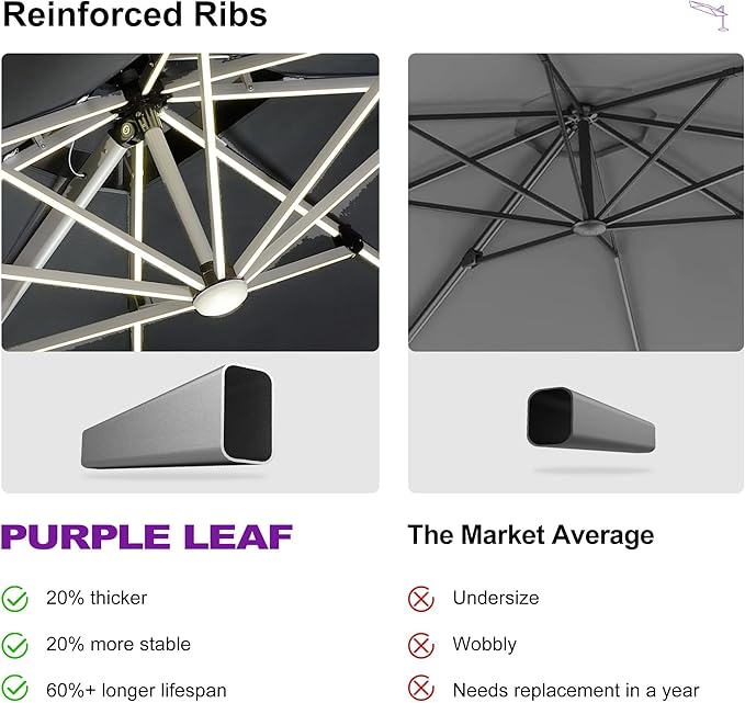 PURPLE LEAF 9' X 12' Solar Powered LED Patio Large Umbrella Offset Double Top Hanging Umbrella Outdoor Market Umbrella for Garden, Slate Gray