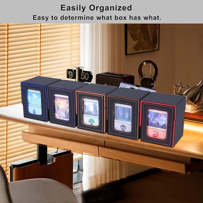 AFIING MTG Deck Box for Commander Display,Card Deck Box Fits 100 Double Sleeved Cards, Magic Commander TCG Card Storage Box with 2 Dividers,Drawstring Bag and 1 Toploader(Black/Red)