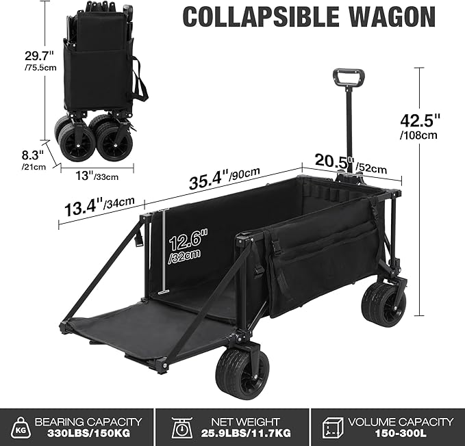 REDCAMP 49" L Extended Collapsible Beach Fishing Cart with Rod Holders, 330LBS Heavy Duty Extra Large Folding Utility Garden Cart with Tailgate and Big All-Terrain Wheels for Grocery, Sport, Fishing