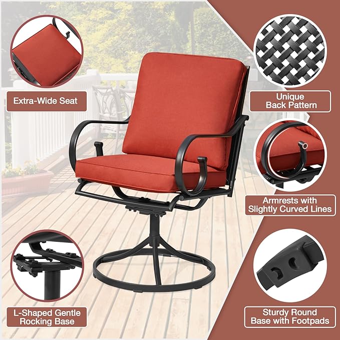MELLCOM Patio Swivel Chairs Set of 2, Heavy Duty Outdoor Dining Chairs with Thickened Cushions, Metal Patio Chairs Gentle Rocker for Outside, Backyard, Red