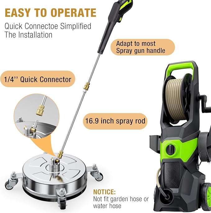 19" Pressure Washer Surface Cleaner with 4 Wheels, Stainless Steel Housing, 4000 PSI Max, 3 Connect Nozzles & 2 Extension Wands, Pressure Washer Surface Cleaner for Concrete, Patios, Sidewalks